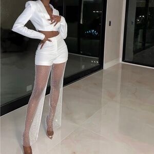 WHITE - Cropped Blazer and Rhinestone Pant Set